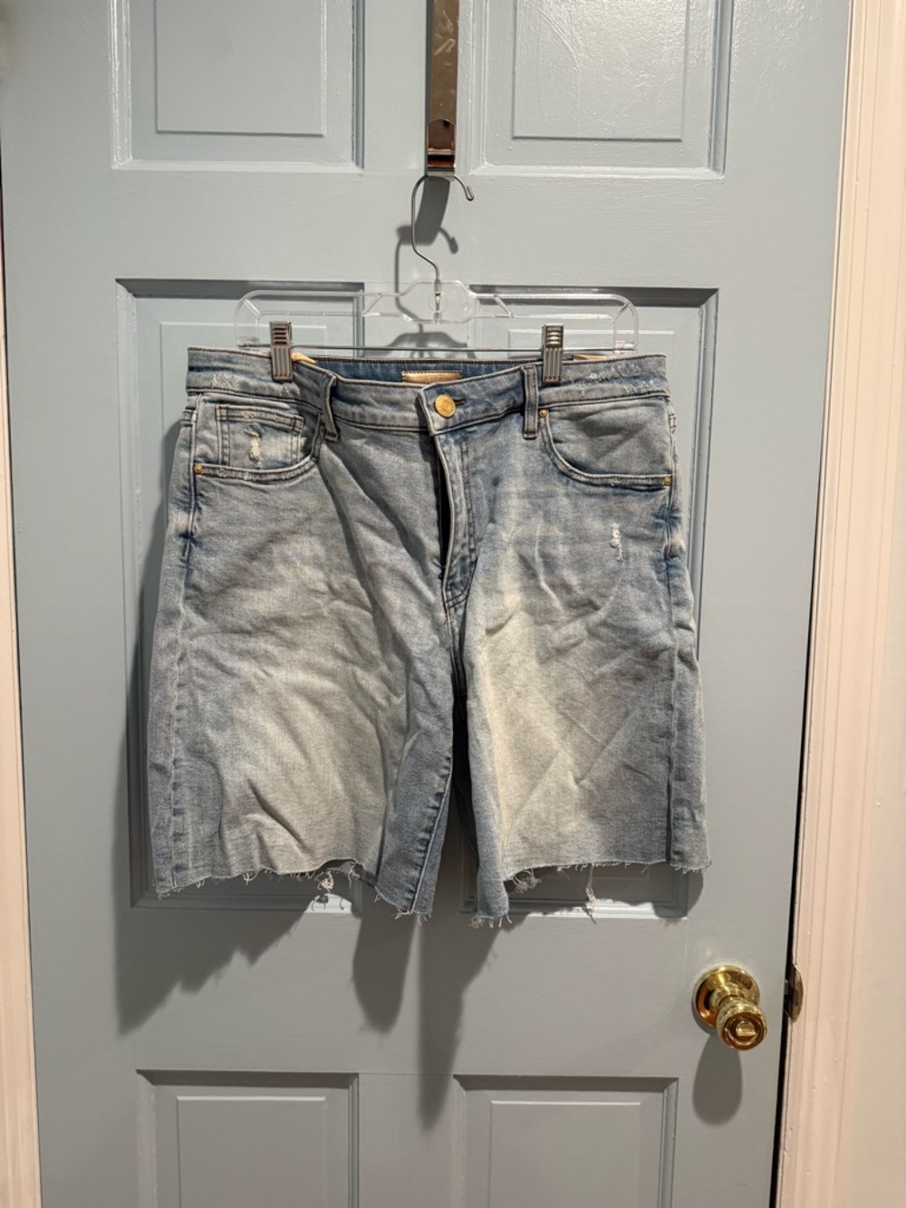 Kut from the Kloth Light Blue Denim Shorts with Brown Patch